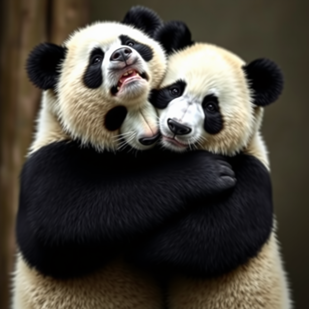 A picture of two panda bears hugging