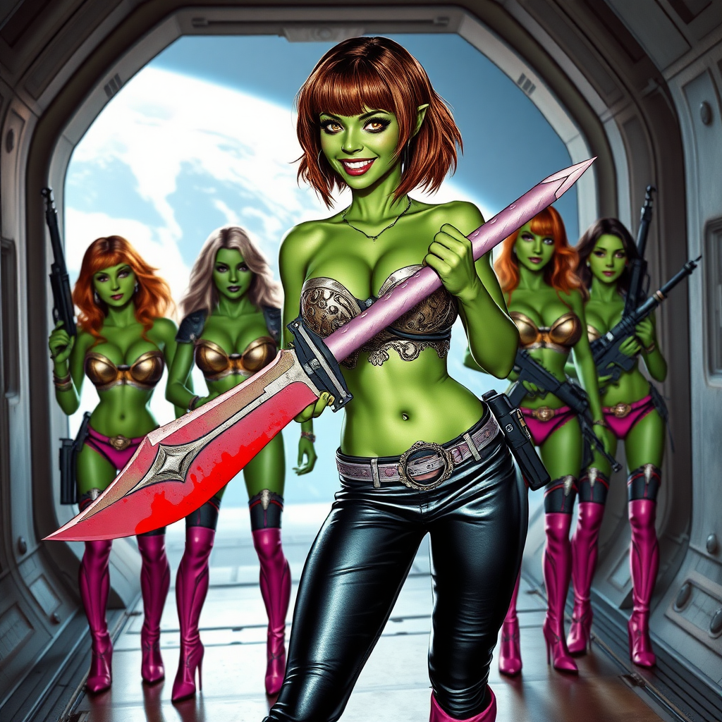 Tall, beautiful green skinned woman. Her brown hair is in a shag-cut style. Her eyes are gold. She is dressed in an ornate metal bra. She is wearing black leather pants, with pink knee high boots. She is holding a large, bloody dagger in a threatening manner. She is smiling. A sci-fi looking gun is holstered at her hip. Four other green-skinned woman, dressed in metal bikinis, each carrying a weapon, stand with her. They are at a sci-fi looking space-port.