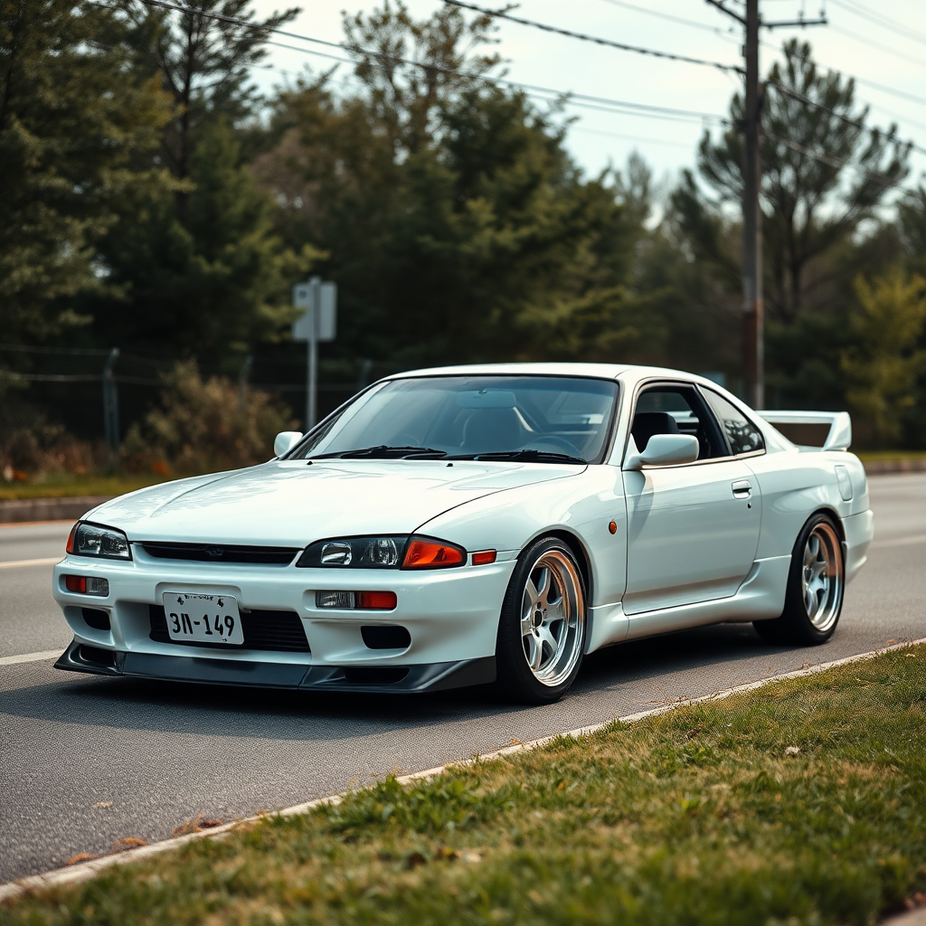 nissan silvia s14 the car is parked on the side of the road, inspired by Taiyō Matsumoto, tumblr, restomod, nd4, c4