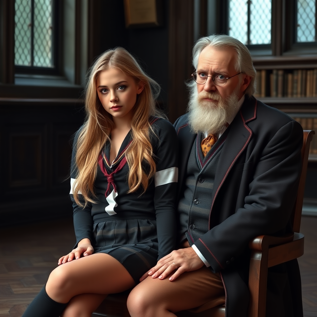 A photo of Hermione, sexy skinny blonde student, she is sitting on the knee of an old male professor, her school uniform is too tight for her, she has been naughty and is being spanked.