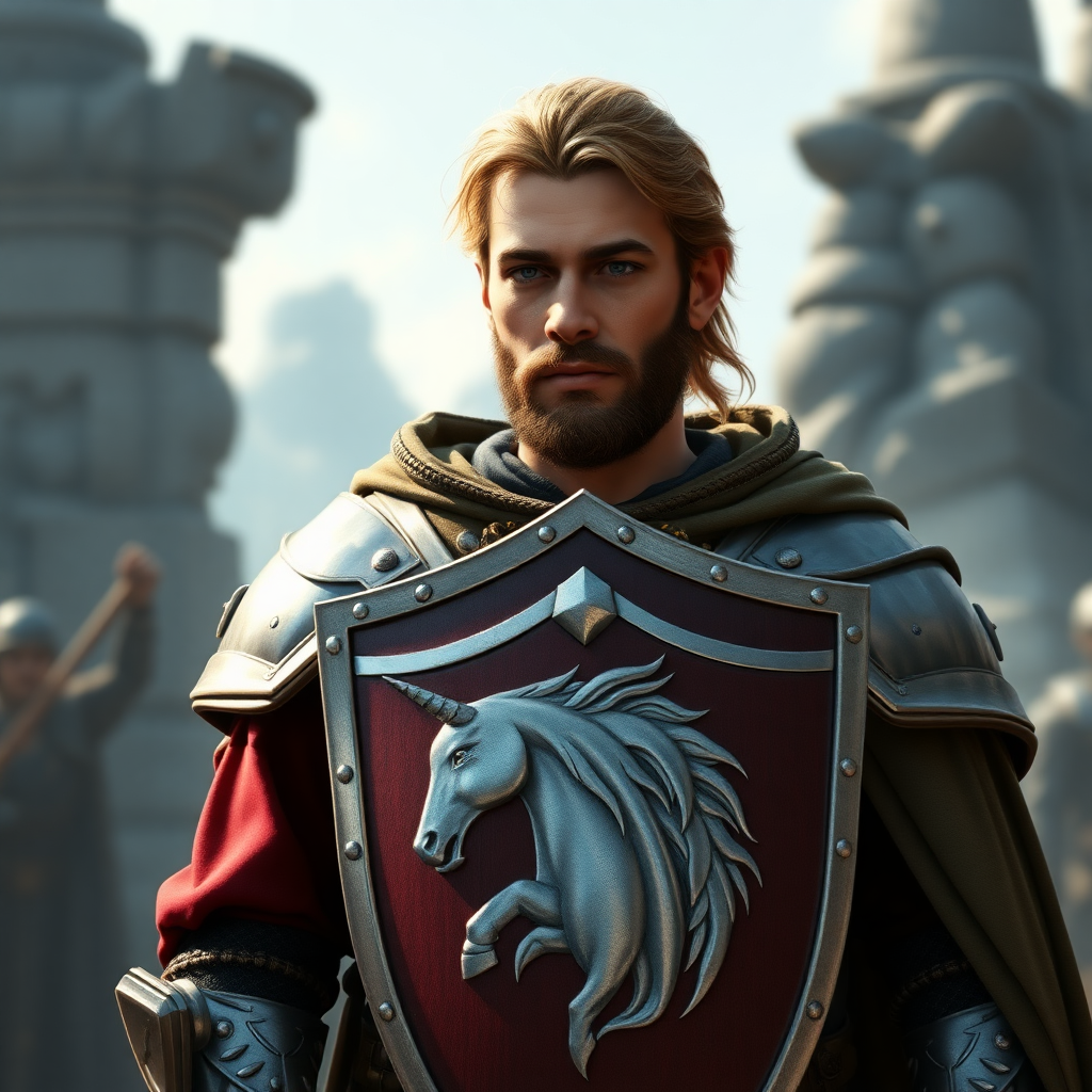 In a fantasy world, a paladin resembling Sam Sagace, wearing a shield with a coat of arms depicting a silver unicorn head, high definition, normal and standard human appearance, no beard.