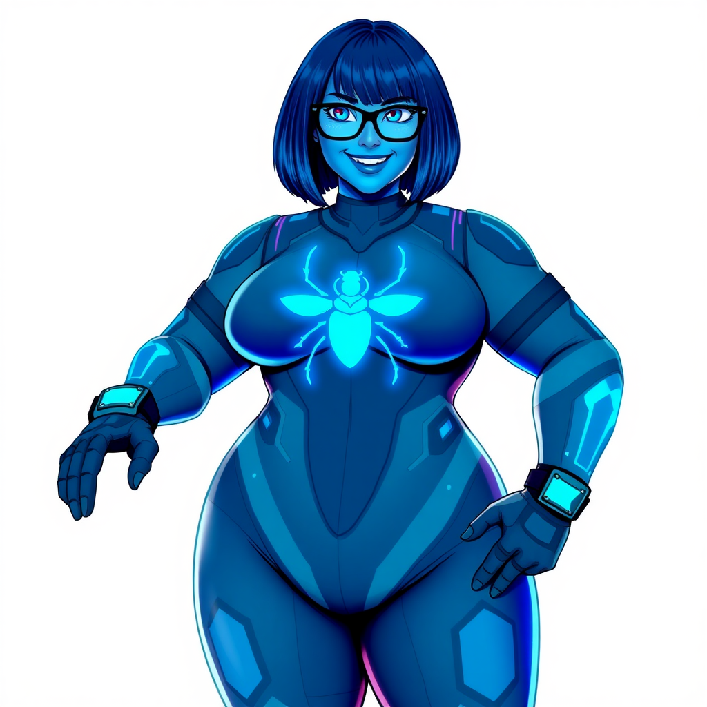 A 29-year-old computer science major, now transformed into a full-figured, nerdy digital sidekick for her cyberpunk vigilante boyfriend, with maximum blue skin. Her bob cut seamlessly blends with her skin, forming part of her data, and her neon blue eyes glow intensely. Her full figure is defined by a prominent round gargantuan midsection, sequoia-sized limbs, and broad shoulders. As a loyal and supportive sidekick, she plays a crucial role in their missions, using her digital skills to assist and protect.

She wears a digital, computerized bodysuit which blends with her hair and skin (appearing to merge together like computer data), all are colored maximum blue. The bodysuit has a glowing neon blue beetle chest icon, along with matching high-tech gloves. She bashfully giggles with a neon red blush, emitting neon blue data cubes from her body, set against a solid white background. Heavily pampered by her doting boyfriend, her full figure clearly shows this care. She has the ability to hack into computers and machines, and her nerdiness is blatantly obvious with her black oversized eyeglasses. Her full figure (especially her round gargantuan midsection) is prominently displayed and heavily emphasized. Her outfit is influenced by DC’s Jennifer Knight Phantom Lady but remains distinct. She is drawn as if she was in a retro 2D cyberpunk fighting game. Ensure her skin color is distinct from Inside Out's Sadness and any other character.