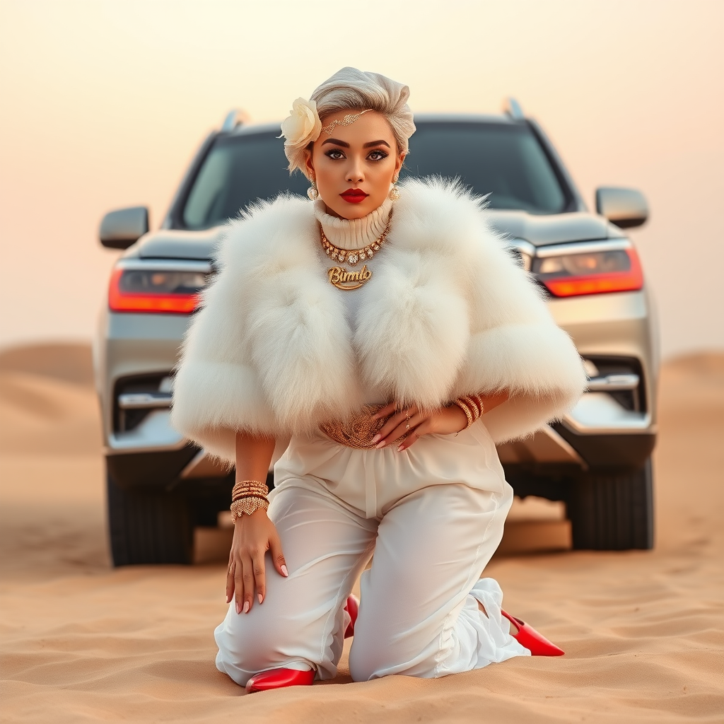 Kuwait desert dunes misty dawn, full size luxury SUV: Melissa, European 17 years old very convincing femboy “trophy-bimbo”, tamed servile docile, very beautiful feminine flawless face, rather short, by hormones very curvaceous womanly figured, platinum blond short tight curls, bold red lips, long white French nails, heavily made-up face, wearing Supertanya-style fluffy very fuzzy bright white angora turtleneck-poncho cropped ending under bust decorated with pearls and glass stones, striking oriental wide gold bridal protection belt, white fully transparent harem pants, bright red pumps with golden very high heels, full Oriental bridal jewelry including headpiece, nose-ring, coin wristlets, coin anklets, striking diamond “Bimbo” letter brooch on left chest, thick heavy pearl wristlets, pearl anklets, pout frustrated, kneeling in sand in front of SUV, looking at camera. Focus on face and turtleneck-poncho.