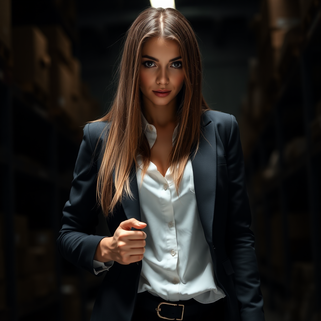 A beautiful straight long-haired female burglar in a black blazer over a white shirt with black pants in a dark warehouse.