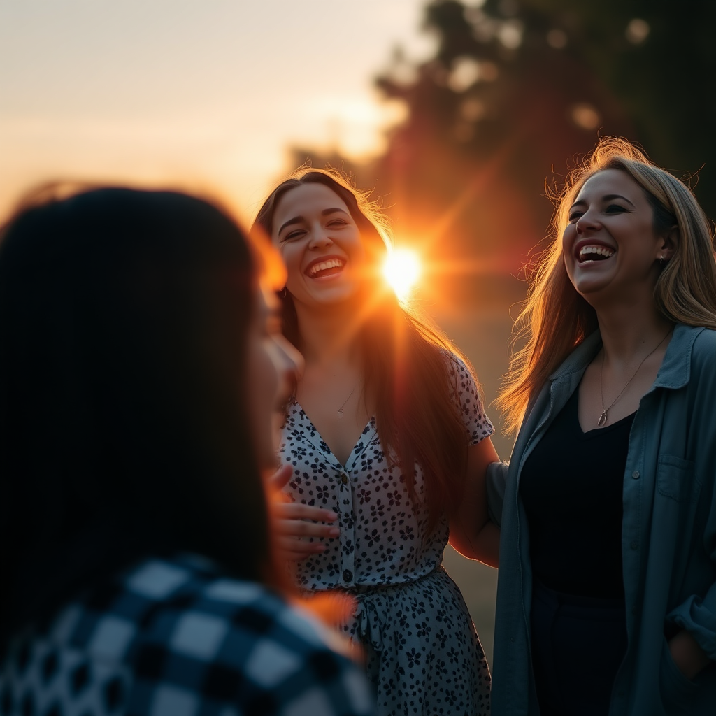 Three women stand together laughing, with one woman slightly out of focus in the foreground. The sun is setting behind the women, creating a lens flare and a warm glow.