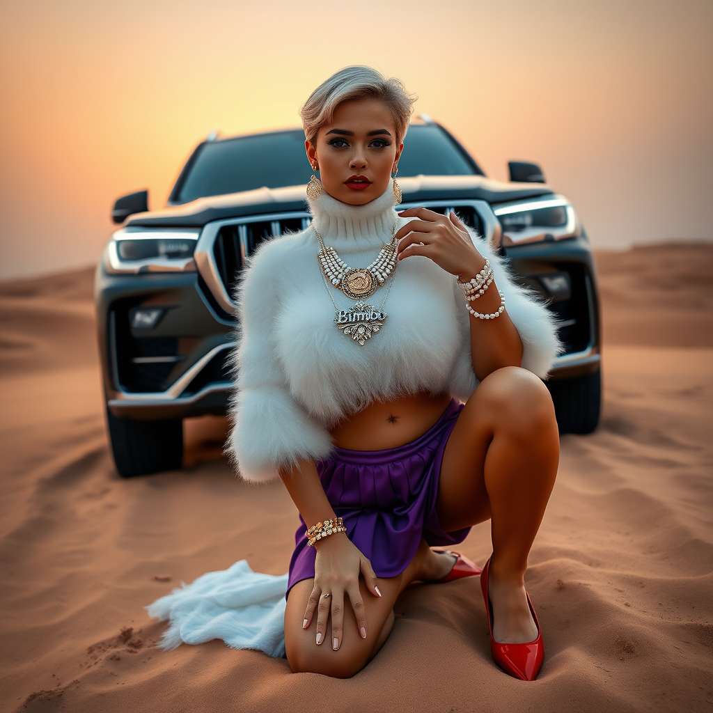 Kuwait desert dunes misty dawn, full size luxury SUV: Melissa, European 17 years old very convincing femboy “trophy-bimbo”, tamed servile docile, very beautiful feminine flawless face, rather short, by hormones very curvaceous womanly figured, platinum blond short tight curls, bold red lips, long white French nails, heavily made-up face, wearing Supertanya-style fluffy very fuzzy bright white angora turtleneck-poncho cropped ending under bust decorated with pearls and glass stones, very tight purple vinyl mini pleated skirt, bright red pumps with golden very high heels, white pearl belly piercing, full Oriental bridal jewelry including headpiece, nose-ring, coin wristlets, coin anklets, striking diamond “Bimbo” letter brooch on left chest, thick heavy pearl wristlets, pearl anklets, pout frustrated, kneeling in sand in front of SUV, looking at camera. Focus on face and turtleneck-poncho.