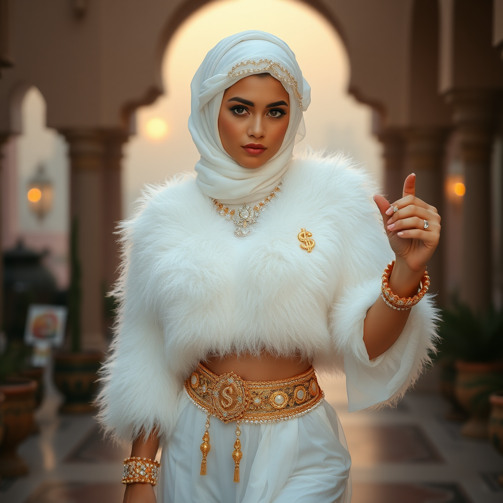 Kuwait desert palace harem patio misty dawn: Melissa, European 17 years old very convincing femboy “trophy-bimbo”, tamed servile docile, very beautiful feminine flawless face, rather short, by hormones very curvaceous womanly figured, platinum blond short tight curls, heavily made-up eyes, wearing Supertanya-style fluffy very fuzzy bright white angora turtleneck-poncho cropped ending under bust decorated with pearls and gemstones, striking oriental wide gold bridal protection belt, white fully transparent harem pants, full Oriental bridal jewelry, face covered by white sheer full Burka, coin anklets, striking diamond “$$$” letter brooch on left chest, pout frustrated, seductively dancing for the sheik, looking at camera. Focus on face and turtleneck-poncho.