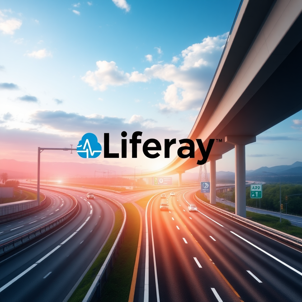 Create an image illustrating how Liferay supports Autostrade per l'Italia Spa in achieving success through its cloud offerings. The image should depict a modern highway infrastructure, with digital tools and cloud platforms seamlessly integrated into the environment. Show a connected ecosystem with smart signage, traffic management systems, and real-time data analytics, all powered by Liferay’s cloud services. The overall mood should convey innovation, efficiency, and digital transformation, with Liferay’s branding subtly integrated into the scene, symbolizing partnership and cutting-edge technology. Please use the official Liferay Logo in the image.