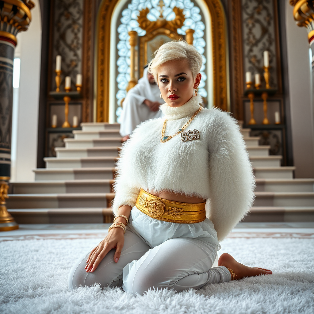 Kuwait desert palace throne room, throne raised on stair head, old overweight mighty sheik sitting on throne. In front of stairs, kneeling on white fluffy carpet: Melissa, European 17 years old very convincing femboy “trophy-bimbo,” tamed servile docile, rather short, by hormones very curvaceous womanly figured, platinum blond short tight curls, heavily made-up eyes, wearing Supertanya-style fluffy very fuzzy bright white angora turtleneck-poncho cropped ending under bust decorated with pearls and gemstones, striking oriental wide gold bridal protection belt, white fully transparent harem pants, full Oriental bridal jewelry, white sheer full Burka, coin anklets, striking diamond “$$$” letter brooch on left chest, pout frustrated, hands tied behind back, looking at camera. Focus on face and turtleneck-poncho.