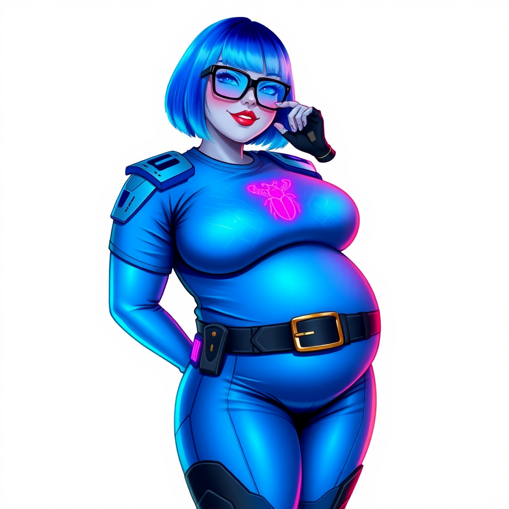 A 28-year-old, full-figured, vibrant metallic maximum blue (5PB 5/12) skinned computer program hybrid with a maximum blue bob cut. She has a non-athletic build, highlighted by a prominent, round, large midsection (with full emphasis on her large belly), which shows the effects of her new love of junk food acquired from her boyfriend. As the full-figured, nerdy, digital sidekick to her cyberpunk vigilante boyfriend, her vibrant metallic maximum blue skin and maximum blue lipstick (5PB 5/12) emphasize her digital nature. Her skin has a subtle, animated glow, with digital patterns occasionally flickering across it, making her digital nature obvious. She wears a digital, computerized costume, consisting of a huge, tight-fitting, maximum blue t-shirt (5PB 5/12) with a neon blue glowing chest icon of a beetle, hi-tech shoulder pads with neon blue accents, a black hi-tech belt with a digital neon blue glowing buckle, digital maximum blue biker pants (5PB 5/12) with neon blue accents, and black hi-tech fingerless biker gloves with neon blue glowing accents. Her neon blue glowing eyes, black eyeglasses with neon blue glowing lenses equipped with a built-in HUD, and bashful smile with neon red blush accentuate her nerdiness. She stands bashfully with one hand behind her back and the other hand gently touching her cheek, her costume covering all her skin and fully emphasizing her full-figured physique (especially her large belly). She is clearly non-athletic, with a focus on her full-figured physique. Despite her build, she radiates beauty. She has a slim face compared to her physique, accentuating her radiant beauty. She is on a solid white background. She is drawn as if she were in a retro 2D cyberpunk fighting game.