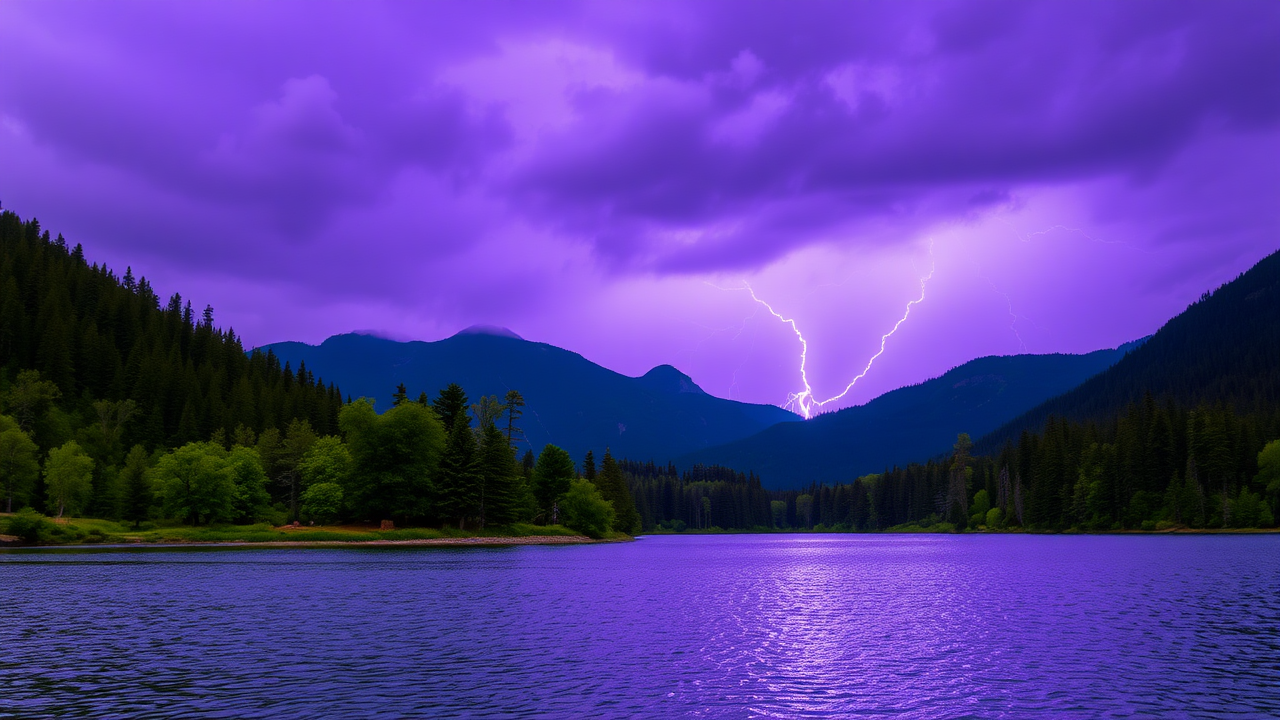 photo, lakes, nature, purple sky, lightning