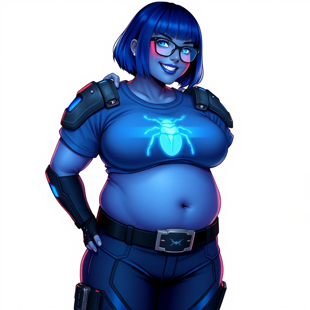 A 28-year-old, full-figured, metallic maximum blue (5PB 5/10) skinned computer program hybrid with a maximum blue bob cut. She has a non-athletic build, highlighted by a prominent, round, large midsection (with a full emphasis on her large belly), which shows the effects of her love of junk food acquired from her boyfriend. As the full-figured, nerdy, digital sidekick to her cyberpunk vigilante boyfriend, her metallic maximum blue skin and maximum blue lipstick (5PB 5/12) emphasize her digital nature. Her skin has a subtle, animated glow, with digital patterns occasionally flickering across it, making her digital nature obvious. She wears a digital, computerized costume, consisting of a huge, tight-fitting, maximum blue t-shirt (5PB 5/12) with a neon blue glowing chest icon of a beetle, hi-tech shoulder pads with neon blue accents, a black hi-tech belt with a digital neon blue glowing buckle, digital maximum blue pants (5PB 5/12) with neon blue accents, and black hi-tech fingerless biker gloves with neon blue glowing accents. Her neon blue glowing eyes, black eyeglasses with neon blue glowing lenses equipped with a built-in HUD, and bashful smile with neon red blush accentuate her nerdiness. She stands bashfully with one hand behind her back and the other hand gently touching her cheek, her costume covering all her skin and fully emphasizing her full-figured physique (especially her belly). She is clearly non-athletic, with a focus on her full-figured physique. Despite her build, she radiates beauty. She has a slim face compared to her physique, accentuating her radiant beauty. She is on a solid white background. She is drawn as if she were in a retro 2D cyberpunk fighting game. Ensure her skin has a maximum blue (5PB 5/10) skin tone.