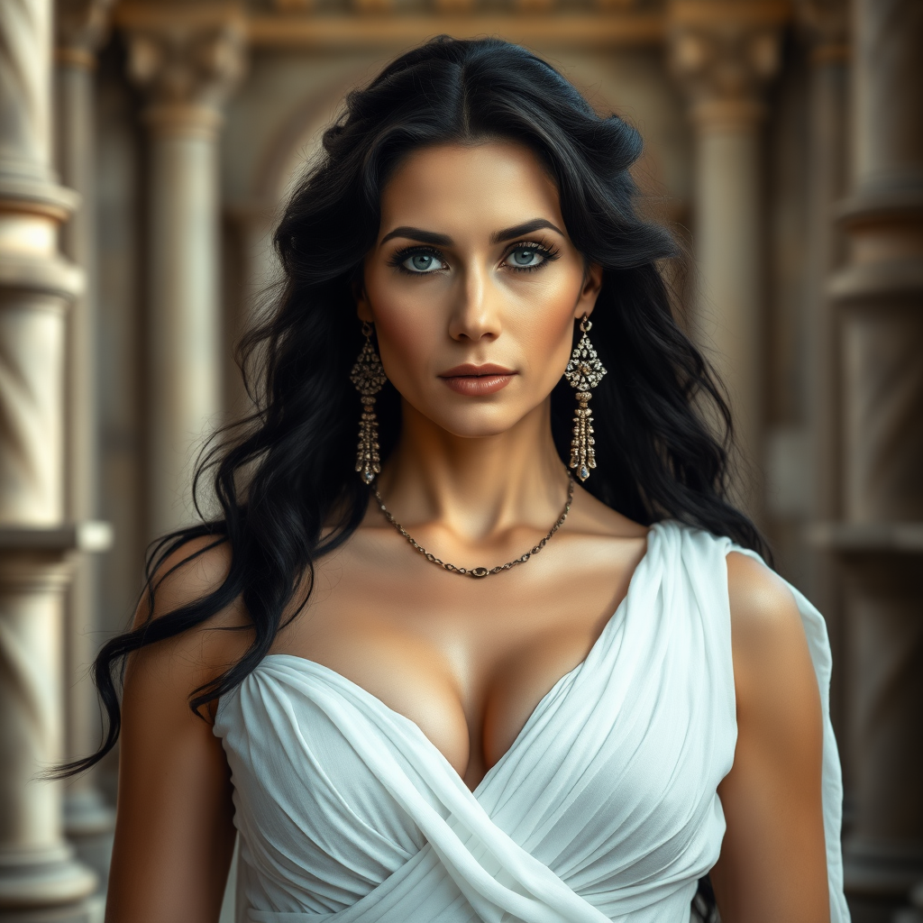 The female queen, aged 40, possesses pale skin complemented by striking grey eyes and a seductive gaze, with black Greek-style hair that frames her youthfully smooth visage with subtle wrinkles. Her attire consists of a sheer, white, low-cut Roman garment that exposes her ample bosom, allowing the skin of her breasts to peek through the fabric. She adorns herself with elegant earrings and a necklace, exuding a captivating MILF allure within the grandiose setting of a majestic castle, all captured under the dramatic flair of cinematic movie lighting and presented with ultra-high-definition 8k photographic detail.