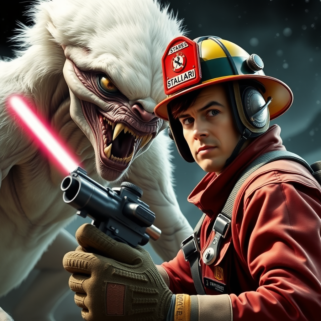 An Italian fireman fighting a giant alien in a Star Wars-like setting, the alien must be furry, white, and with big fangs. The face of the fireman must be visible.