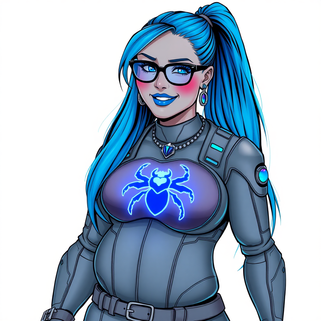 A cyberpunk vigilante’s full-figure middle gray metallic skinned computer program hybrid 28-year-old digital sidekick and loyal girlfriend. She has a long maximum blue ponytail and middle gray metallic skin. She wears maximum blue lipstick, blue eyes, a sapphire beetle gemstone necklace, sapphire earrings, black eyeglasses, and an oversized, digital, computerized, middle gray nano suit featuring a neon blue glowing beetle chest icon that accentuates her prominently, round, gargantuan midsection. She sports a beaming smile with a neon red blush. She serves as his minicomputer operating in his hi-tech wristwatch and supercar's onboard computer using her ability to hack into machines and computer to relay vital mission information. The background is solid white. She is drawn as if she was in a retro 2D cyberpunk fighting game. Her midsection is bloated and broadened to emphasize her figure.