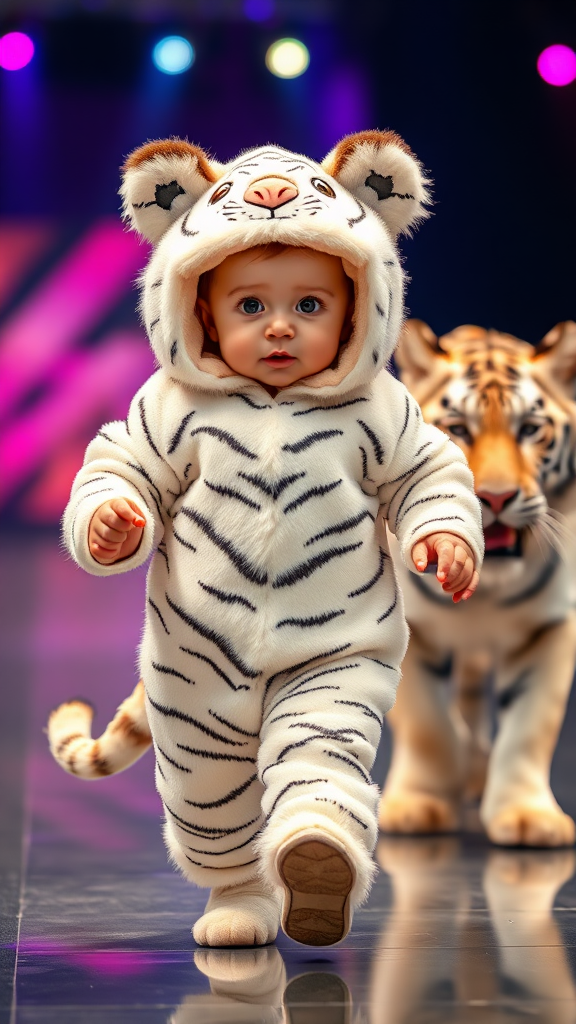 A cute small chubby fair baby with big eyes, pink lips, and pink cheeks, wearing a furry cozy white tiger costume, doing a ramp walk in a fashion show while walking with a real white tiger.