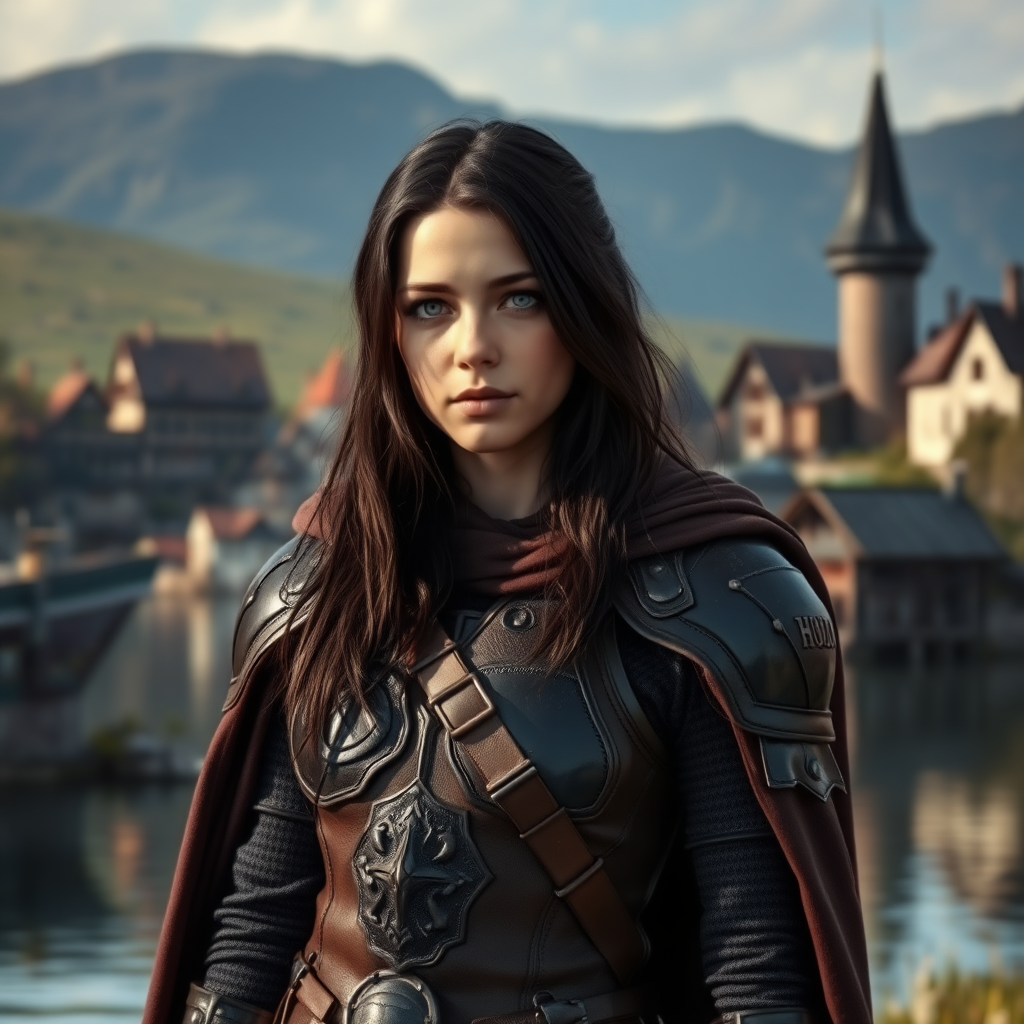 beautiful young woman, dark hair, past her shoulders, blue eyes, small, slim figure, wearing full leather armor suit, long cloak, in a large open scenery and beautiful medieval village on a lake.