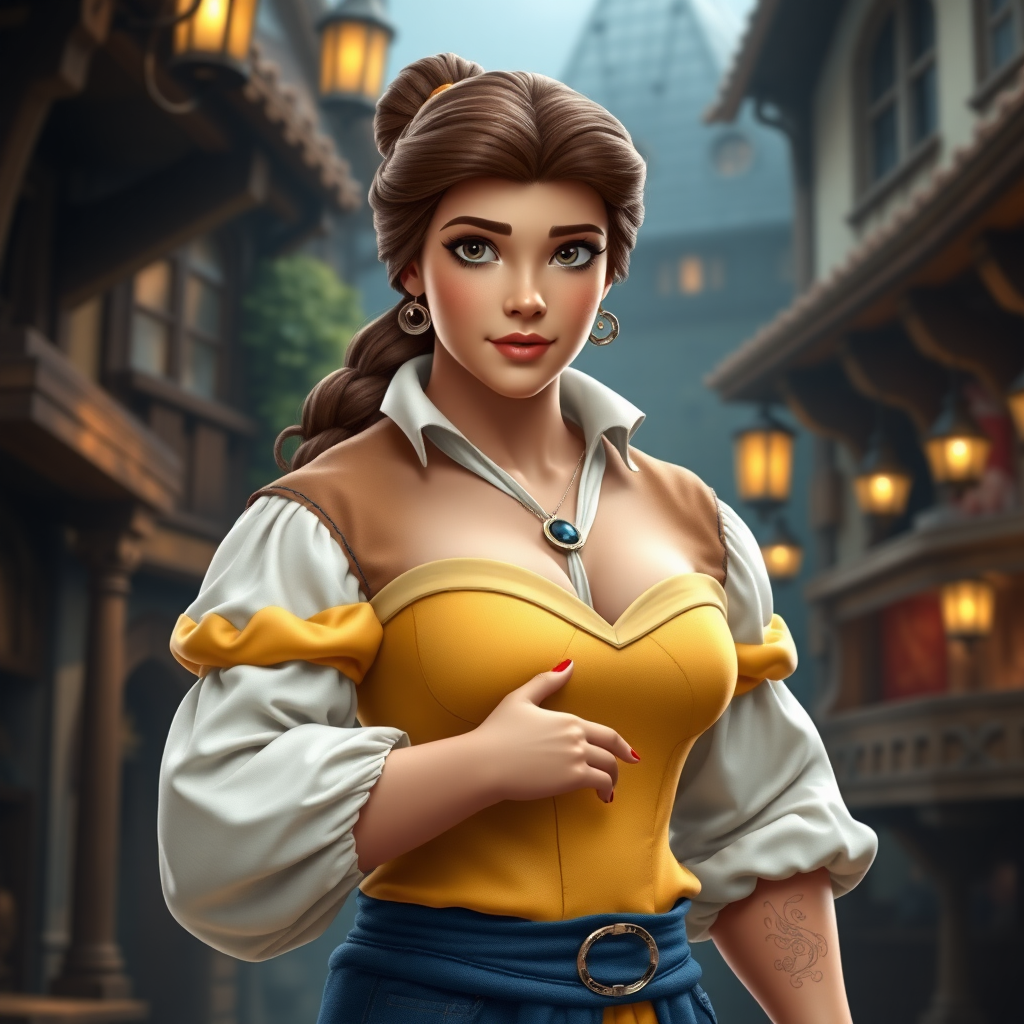 Create a full-length photorealistic image of a hybrid character, featuring Belle's head, hairstyle, and facial features, combined with Gaston's male body. The background draws inspiration from both characters' environments, blending Belle's charming village with Gaston’s rugged tavern scene. Ensure the character conveys a dynamic posture, showcasing Belle's elegance alongside Gaston's muscular build. The lighting should highlight the character's features and the intricate details of the clothing, while the overall composition harmonizes elements from their respective stories.