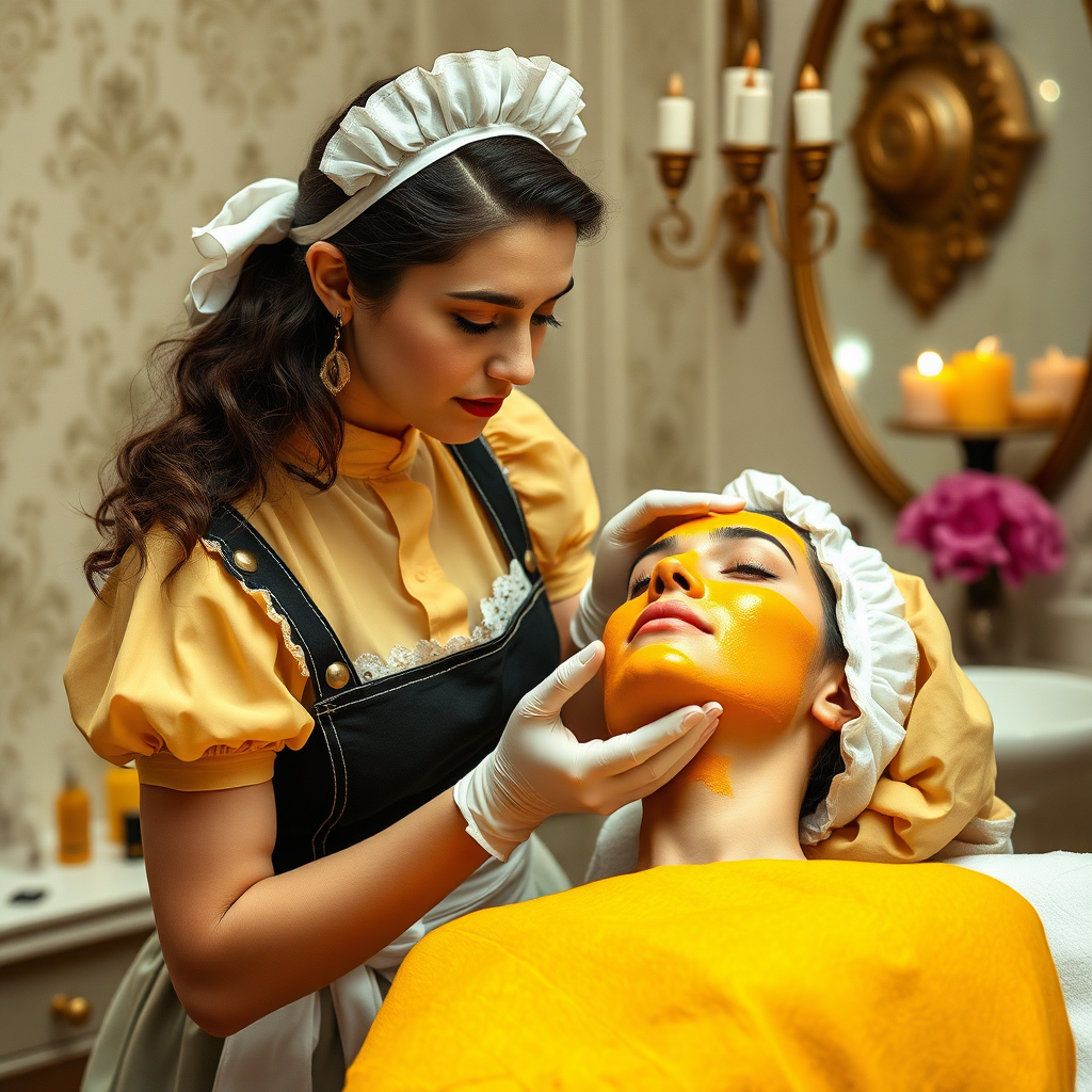 female french maid working in beauty parlour, giving turmeric facial to her clients