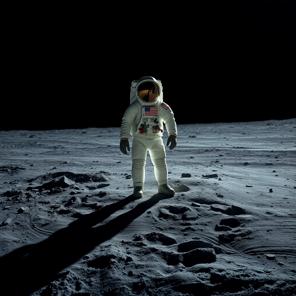 Astronaut standing on the moon's surface under a stark black sky, the scene evokes a hyper-realistic aesthetic. The textured gray lunar soil is scattered with footprints, showcasing a sense of exploration and isolation. The astronaut's suit is detailed, featuring the American flag and various tools attached to the suit, reflecting the sun's light in a luminous, metallic sheen. Deep shadows elongate across the surface, creating dramatic contrasts with the bright highlights of the suit and surrounding dust. Surrounding features include scattered rocks and a distant horizon, enhancing the otherworldly atmosphere. Overall, the color palette comprises muted grays, blacks, and subtle highlights of white and gold, emphasizing the desolation and beauty of the lunar landscape.