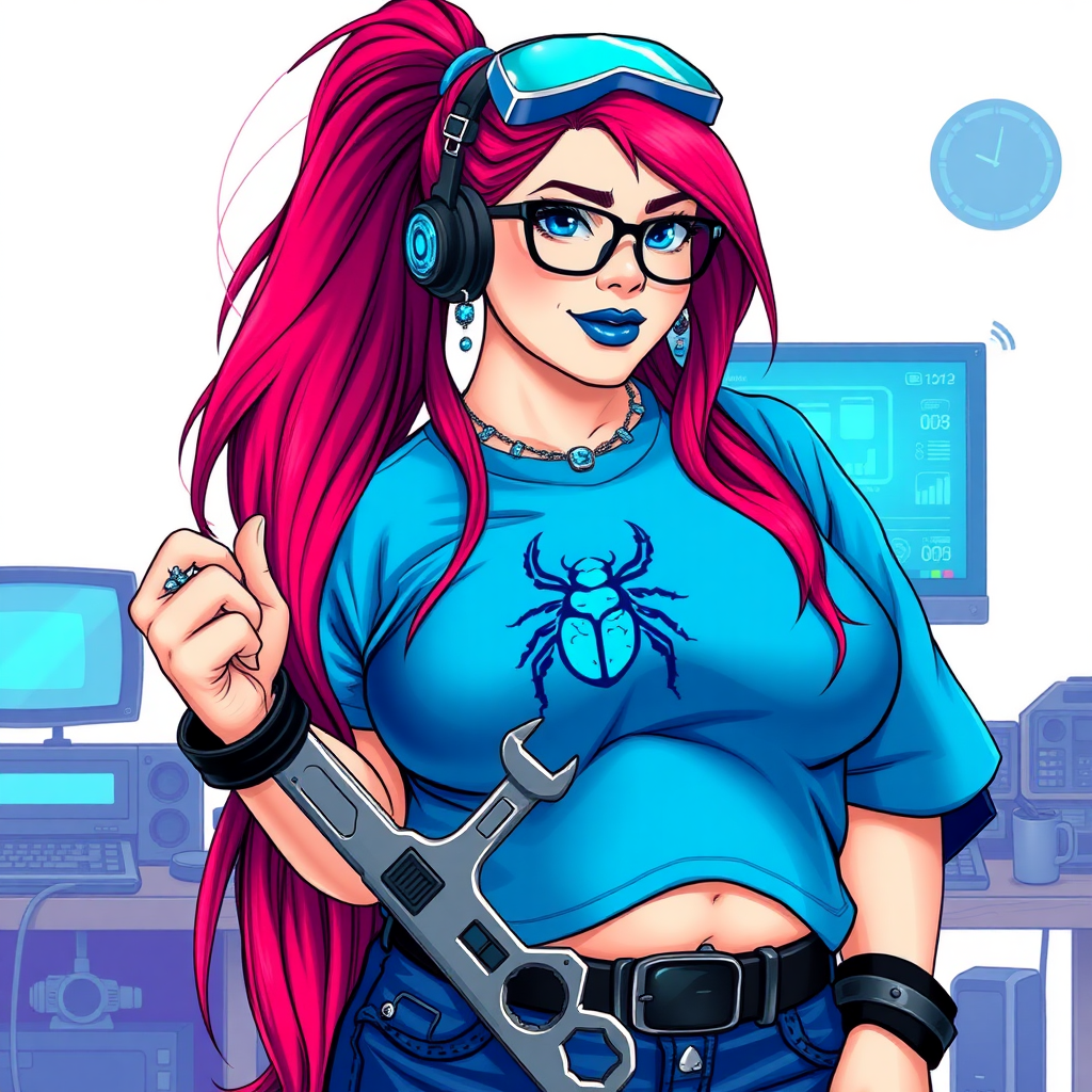 A cyberpunk vigilante’s full-figured intelligent and tech-savvy 29-year-old girlfriend, who is a computer hacker and tech genius. She has a long ruby red ponytail streaked with sky blue. She wears maximum blue lipstick, blue eyes, a sapphire beetle gemstone necklace, sapphire earrings, black eyeglasses, a futuristic holographic wristwatch computer, and an oversized maximum blue t-shirt featuring a neon blue beetle chest emblem. She has a full-figured, well-rounded physique with a prominent, round midsection, reflecting her well-cared-for lifestyle. Her round midsection is broadened and bloated to emphasize her figure. She sports a sapphire headset with a high-tech maximum turquoise lensed HUD, and a shy smile with a neon red blush. She is holding a futuristic hi-tech wrench while standing in her workshop in front of her computer desk and work bench. The background is solid white. She is drawn as if she was in a retro 2D cyberpunk fighting game.