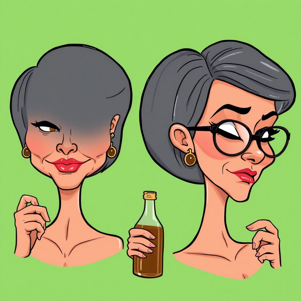 a 50 Years old, gorgeous, fit, European, Latina, sharp aquiline nose, wrinkles, high cheekbones, Middle Eastern, Skinny, Tanned skin, Dark light skin, full Makeup, jewelry, Sharp nose, frowning, exxagerated cartoon emotions, lascive, drinking at a bottle, dark grey Ash hair, short bowl haircut, Brown eye color, half closed eyes, round Glasses, with detailed features. Each photo displays the same face in back, profile and front view, cut out and isolated on a green background. 2D, caricature, cartoon, Sketch lines, coloring book style, well composed, clean coloring book page, No dither, no gradient, strong outline, vector illustration