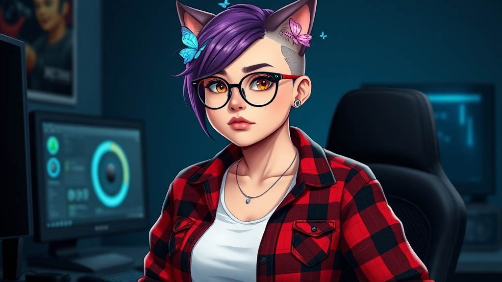 female lesbian cat-man with a large bust, size 90E, no makeup, serious with little blue butterflies on her head, a round face, with a purple undercut hairstyle, hazel eyes, dimples on her cheeks, chubby cheeks, wearing semi-round glasses, a red and black plaid shirt open over a white t-shirt, in front of a gaming PC on a desk, in digital art