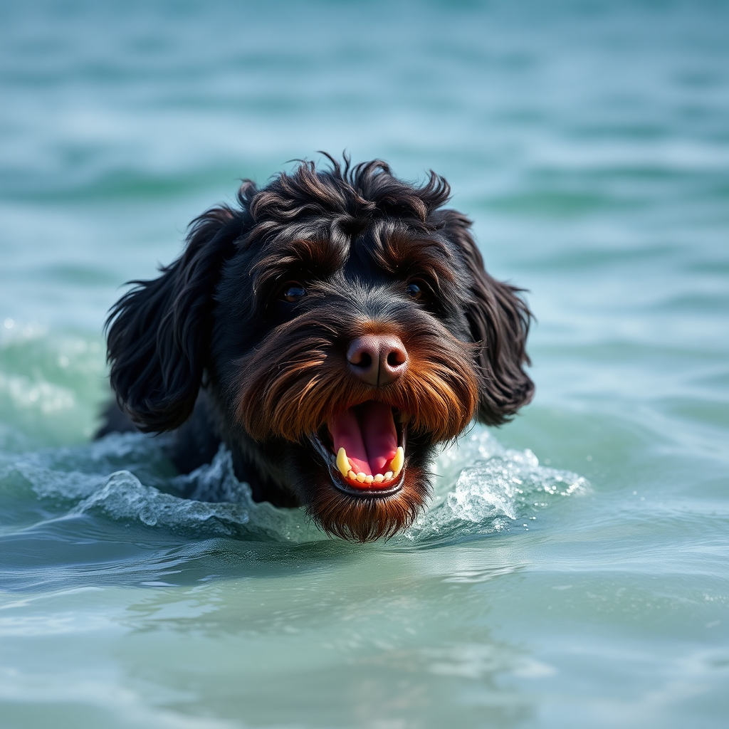 cute gigantic dark chocolate colored cockapoo coming out of the ocean, ultra realistic, ultra detailed, 50mm photo, showing his teeth, bigger than an aircraft carrier