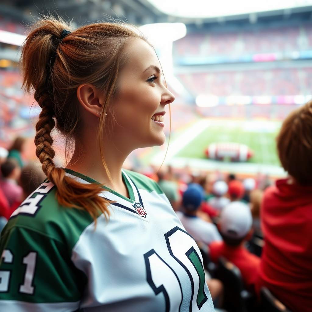 Attractive female NFL fangirl, pigtail hair, jersey, cheering at the game, crowded stadium seating row