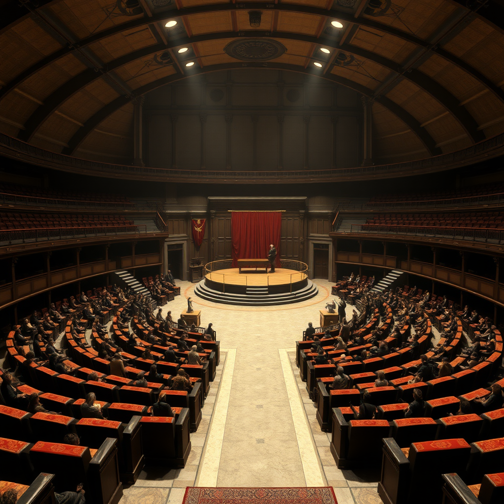 The auction hall is a large circular room. With the main entrance at the south side and a small servants entrance at the north side of the room. The servants entrance is also where the slaves are brought in. Right in front of that small entrance are small display platforms where the slaves present themselves for potential buyers. Leading from their display platforms is a path that leads to the larger main auction platform at the center of the room. From the big main doors on the south side a path also leads to the middle. On both sides (west and east) are ascending rows of plush seating made from velvet and mahogany.