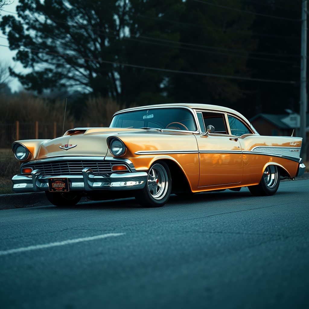 The drag car is parked on the side of the road, inspired by Taiyō Matsumoto, tumblr, restomod, nd4, c4 metallic shine classic american low rider custom paint ford