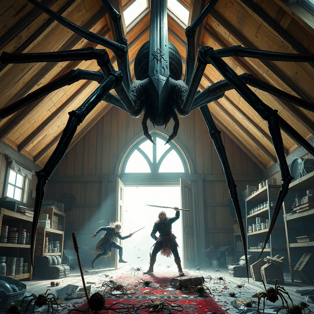 a sword spider as big as a human, the bright attic of a farmhouse, and several adventurers getting stabbed by sharp legs. One adventurer fleeing through a doorway only to be caught by webs. shelves knocked over with goods spilled. digital matte painting. smaller spider swarms everywhere.