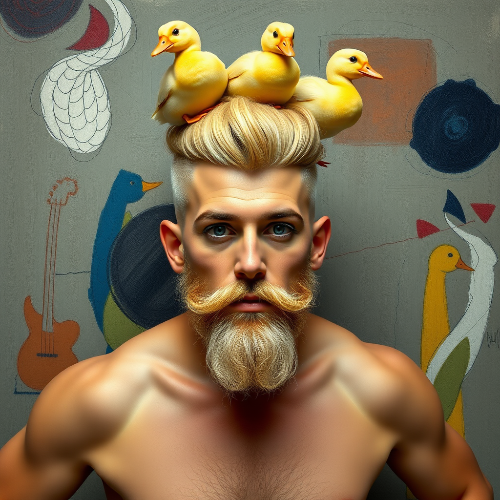 The background is a painting by Kandinsky. A 4K hyper-realistic photograph in the style of Kandinsky, blending surrealism with kitsch. The subject is a man with an extravagant, Italian blond haircut, styled in a flamboyant bun, paired with a sexy, masculine look. He sports a neatly groomed, three-day beard — short, evenly distributed, with a light shadow effect across the chin, jawline, and cheeks. His makeup is dramatic, like a drag queen, adding to the boldness of his appearance. He has a muscular, athletic build. He’s naked, standing confidently with his hands on his hips. Above him, smaller ducks rest playfully on his head.