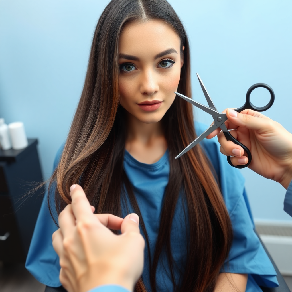 POV, A beautiful woman sitting in a hair salon wearing a blue salon cape, looking at the camera. Her very long hair meticulously fanned out. I'm grabbing a lock of her hair with one hand and prepare to cut it with scissors held in the other hand. Plain light blue background.