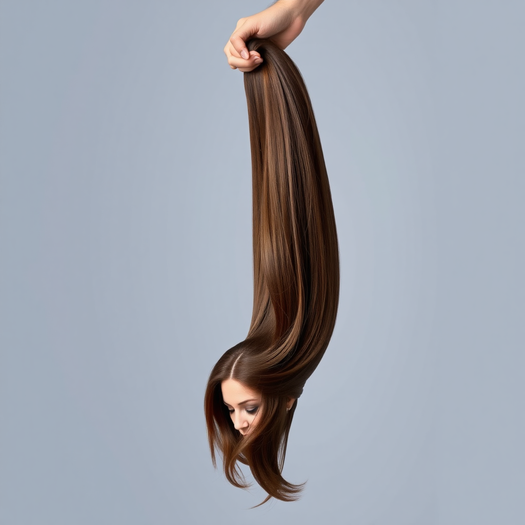 A surreal image of the beautiful disembodied head of a very long haired Kate Middleton. A hand is grasping the ends of her hair at the top of the frame while her head is hanging down from the other end. Plain gray background.