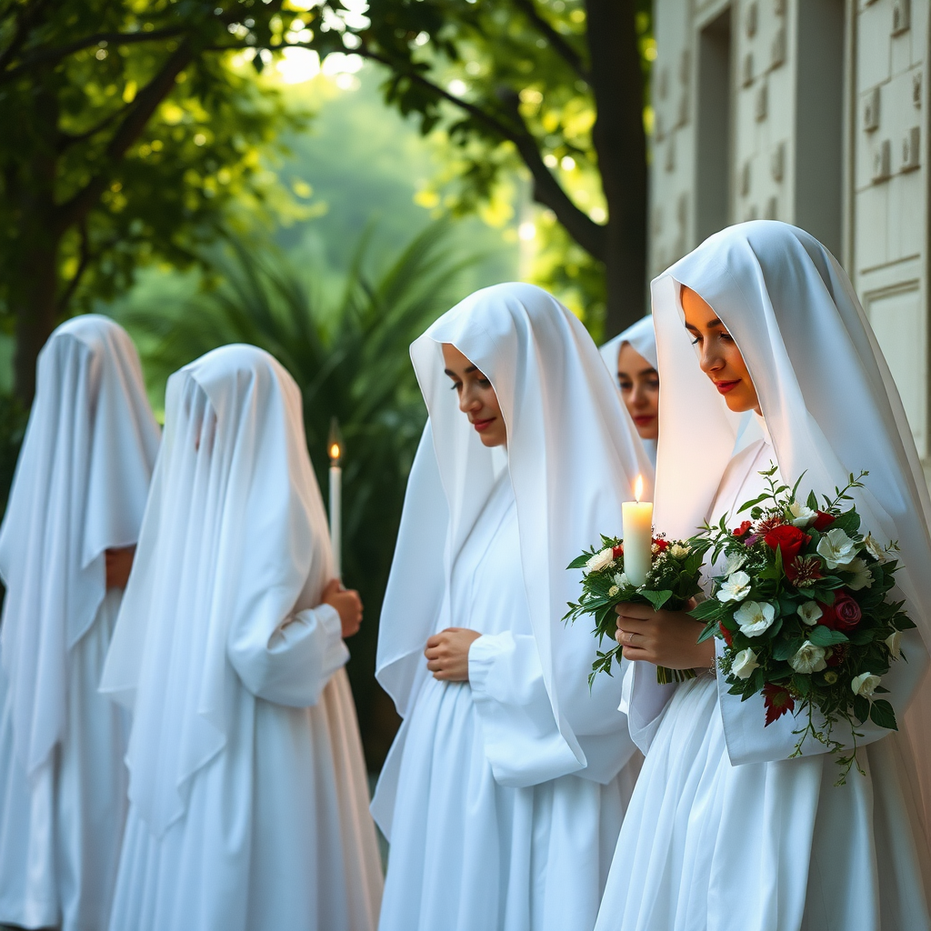 The white veiled maids to confirmation go  
Through deep green garden paths they slowly wind;  
Their childhood they are leaving now behind:  
The future will be different, they know.  

Oh! Will it come? They wait—It must come soon!  
The next long hour slowly strikes at last,  
The whole house stirs again, the feast is past,  
And sadly passes by the afternoon ...  

Like resurrection were the garments white  
The wreathed procession walked through trees arched wide  
Into the church, as cool as silk inside,  
With long aisles of tall candles flaming bright:  
The lights all shone like jewels rich and rare  
To solemn eyes that watched them gleam and flare.  

Then through the silence the great song rose high  
Up to the vaulted dome like clouds it soared,  
Then luminously, gently down it poured—  
Over white veils like rain it seemed to die.  

The wind through the white garments softly stirred  
And they grew vari-coloured in each fold  
And each fold hidden blossoms seemed to hold  
And flowers and stars and fluting notes of bird,  
And dim, quaint figures shimmering like gold  
Seemed to come forth from distant myths of old.  

Outside the day was one of green and blue,  
With touches of a luminous glowing red,  
Across the quiet pond the small waves sped.  
Beyond the city, gardens hidden from view  
Sent odors of sweet blossoms on the breeze  
And singing sounded through the far off trees.  

It was as though garlands crowned everything  
And all things were touched softly by the sun;  
And many windows opened one by one  
And the light trembled on them glistening.