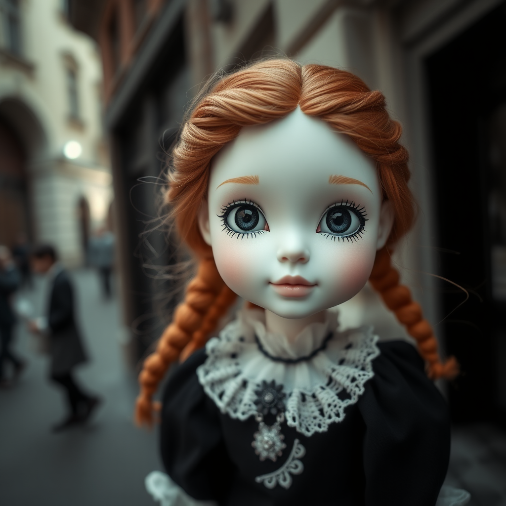 ooak art doll, looking at camera, shy flirting, street photography, artist doll, realistic doll, life-like porcelain doll, handmade, one of a kind, focus stacking, abstract, minimalist art, in focus, hyperfocal, bisque porcelain, Victorian dress, floral, symmetric, sacred geometry, original, unique personality, dynamic, cinematic scene, centered, zoom shot, telephoto lens, preteen ginger girl, monochromatic