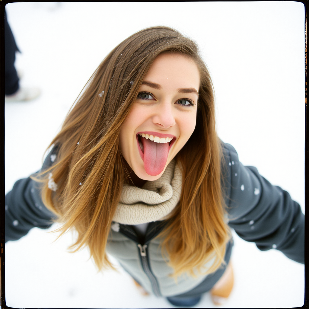 An amateur, underexposed photograph of a model sticking her tongue out and smiling. She is in the snow. She is only wearing warm boots. It is daytime.