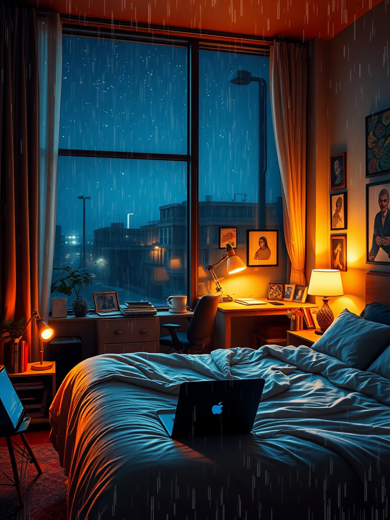 As night falls, a large window reflects the warm light from inside, contrasting with the starlight outside. Inside the room, a big bed is covered with a soft blanket, and on the bedside table, a laptop is charging. The bedside lamp emits a gentle glow, illuminating a small bookshelf nearby, which is filled with various types of books. In one corner of the room is a workspace, with a desk adorned with various office supplies and decorations, while art pieces hang on the walls, filling the entire room with an atmosphere of art and life. Real, reality, rainy day.