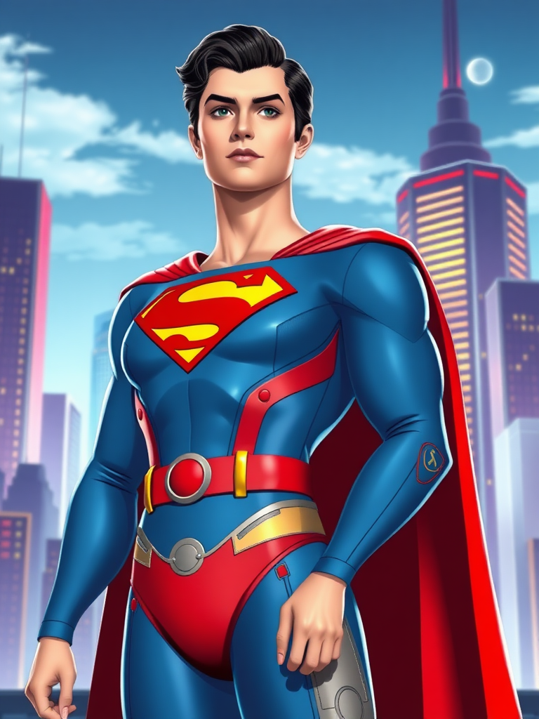 Create a full-length rendered image of Superman, using the female figure of Jane Jetson for the body. Retain Superman's head, hairstyle, and facial features while incorporating elements from Jane's costume into Superman's outfit. Adjust the costume to fit Jane's proportions and add embellishments inspired by Jane Jetson. Design the background to reflect elements from both characters, merging Superman's iconic cityscape with futuristic, sleek aesthetics reminiscent of the Jetson's world. Aim for a vibrant color palette that balances the classic superhero vibe with a modern, sci-fi twist.