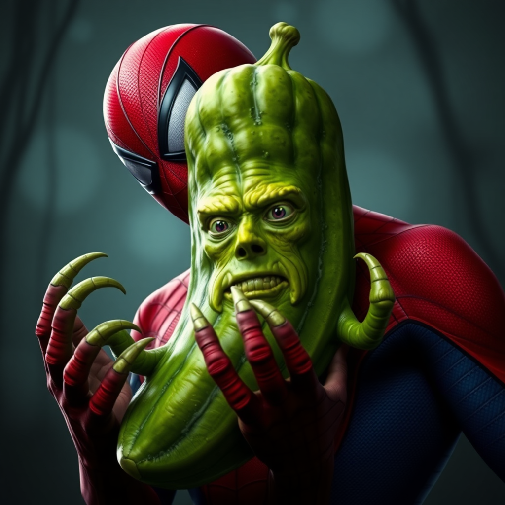 Ultra realistic. Picholas cage. Nicolas cage pickle. Spider-Man holding a humanoid pickle that looks like Nicolas cage as a swamp creature. The pickle has the face of Nicolas cage and claws. Nicolas cage face