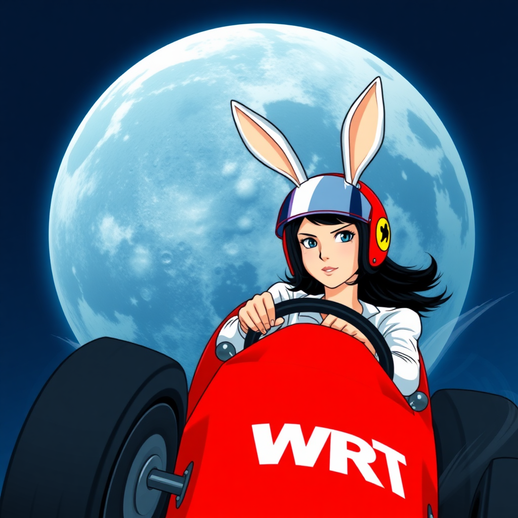 The background is a huge circular blue Earth, with a close-up of the lunar surface filled with many craters. A red racing car is speeding by, marked with "WRT." A beautiful female racer with black hair is gripping the steering wheel tightly. She is wearing a helmet with white rabbit ears standing up on it.