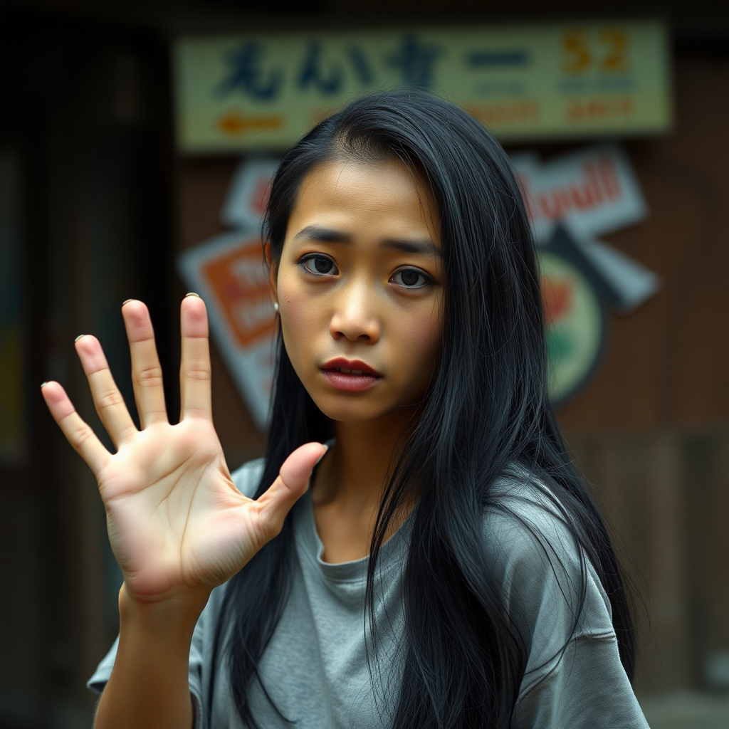 A very thin, mysterious but nevertheless pretty, sad and homeless, about 30 years old, healthy, young-at-heart Asian woman with a very dark skin color and with a T-shirt and long, jet-black hair and very typical and black Asian eyes, is very ashamed to look me in the eye and waves to me very embarrassed.