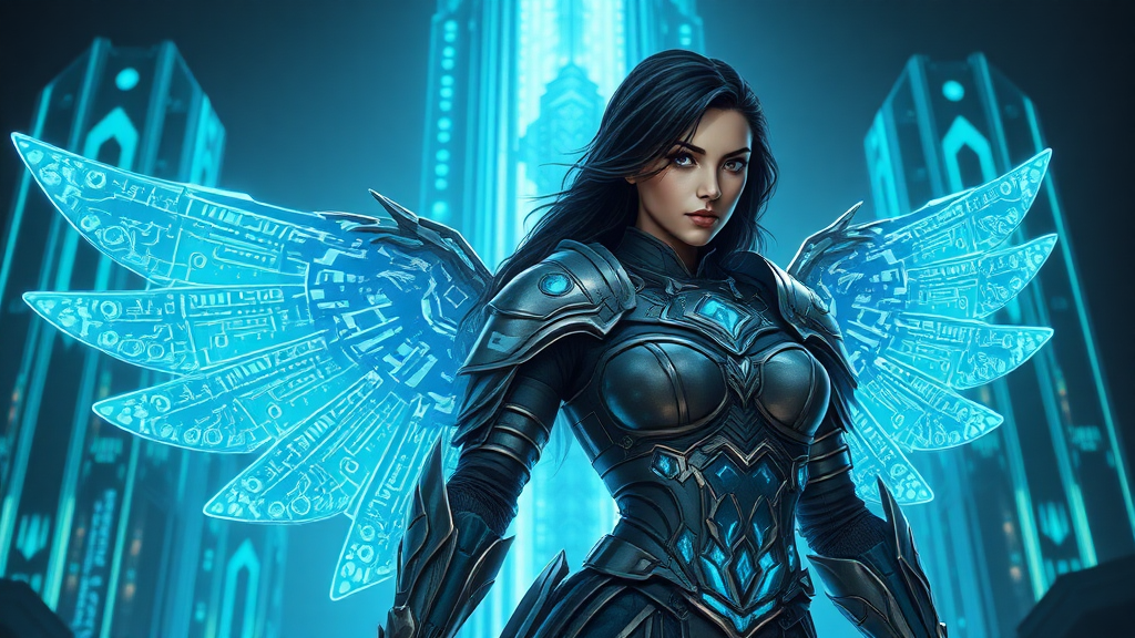 A powerful warrior woman, her black hair cascading over shoulders, dons armor detailed with glowing blue circuitry and glowing wings with circuit pattern. She stands against a backdrop of towering digital monoliths, their surfaces covered in intricate, glowing circuits. The environment pulses with energy, illuminating her with a soft, cold light that enhances the photorealistic textures of both her armor and the digital surroundings.