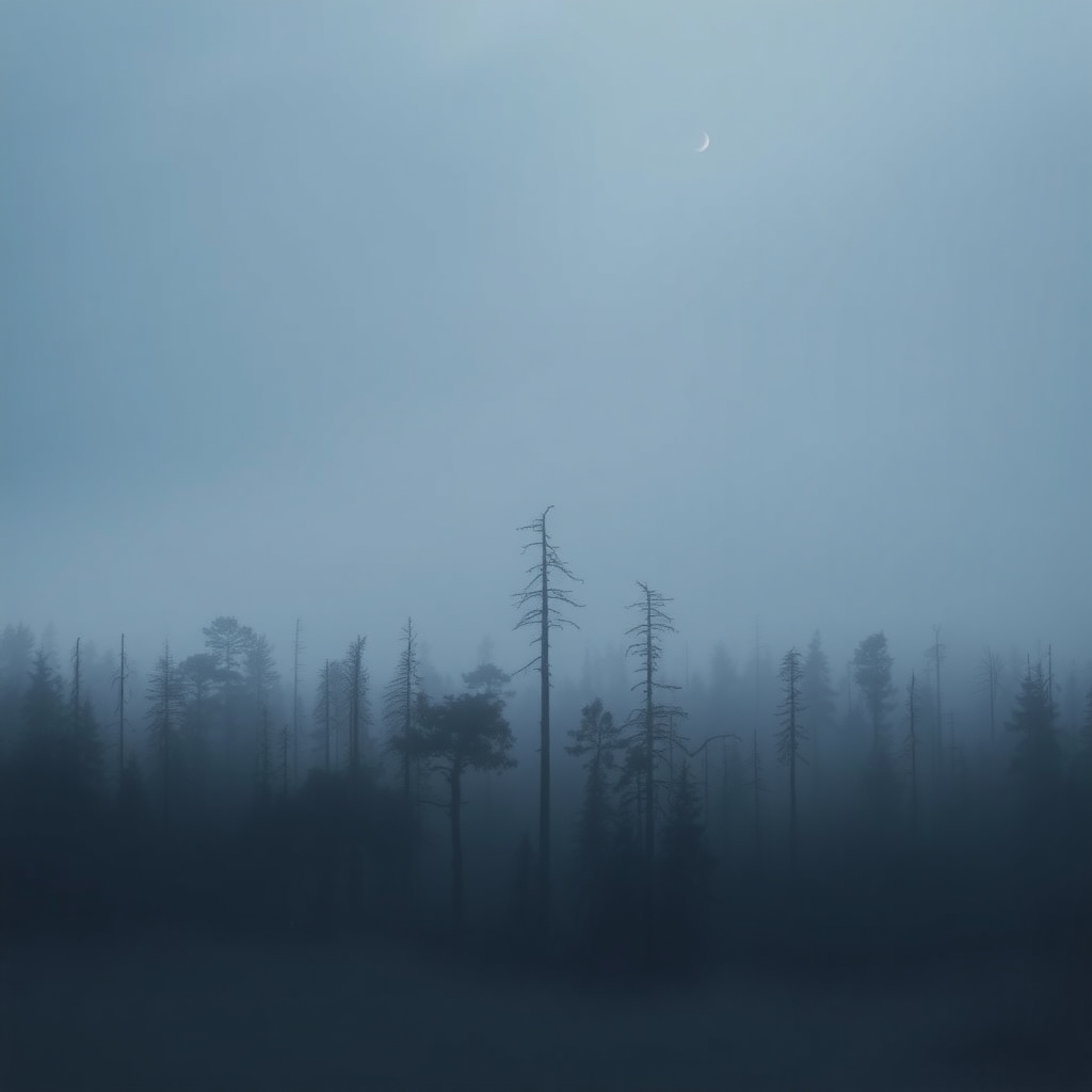 a photo of a foggy forest, by Kristian Zahrtmann, broken forests, eerie color, black fir, forest on the horizon, alien trees, destroyed forest, merging with tree in a forest, crescent moon, forested, barren, danila tkachenko, tall trees