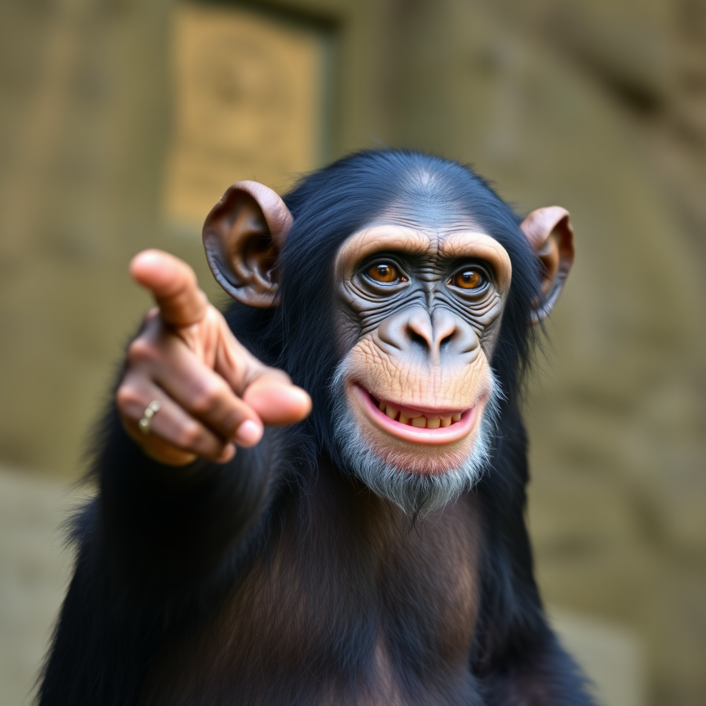 Chimpanzee pointing its finger and smiling