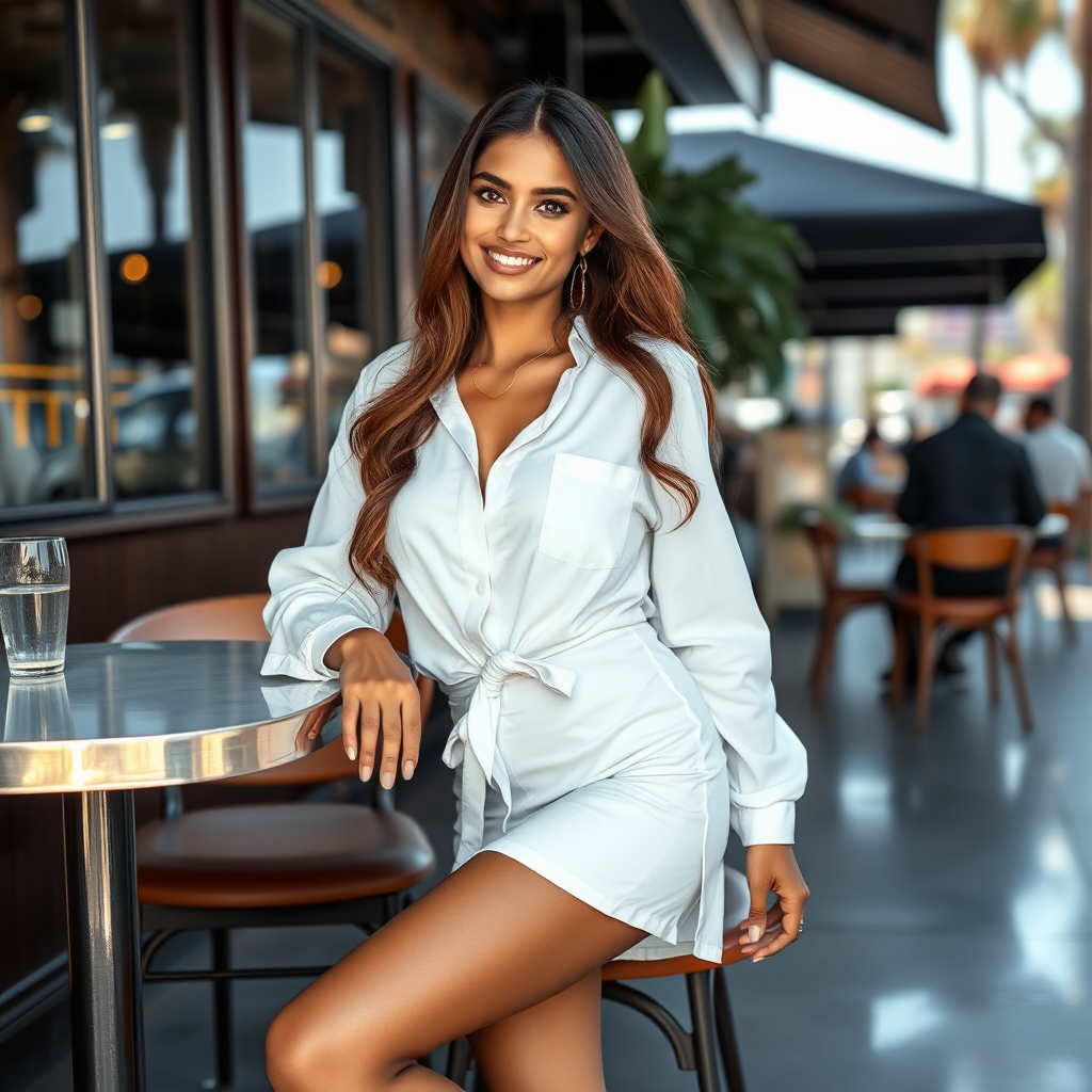 Full-length photo of a stunning Pakistani model, large breasts, blue eyes, long hair, 20 years old, light skin, long legs, perfect face with high cheekbones dressed in a white shirt and miniskirt and wrap-up sandals, waiting at a table in a Los Angeles cafe, smiling, flirting with the camera, shot in the style of a Victoria's Secret catalogue, 8K, UHD.