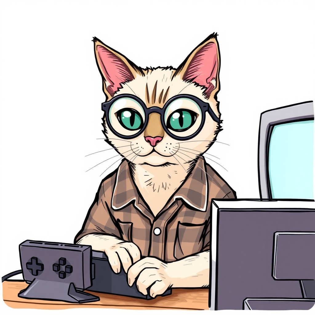 A Siamese cat playing a video game with semi-round glasses and wearing a plaid shirt in a drawing style.