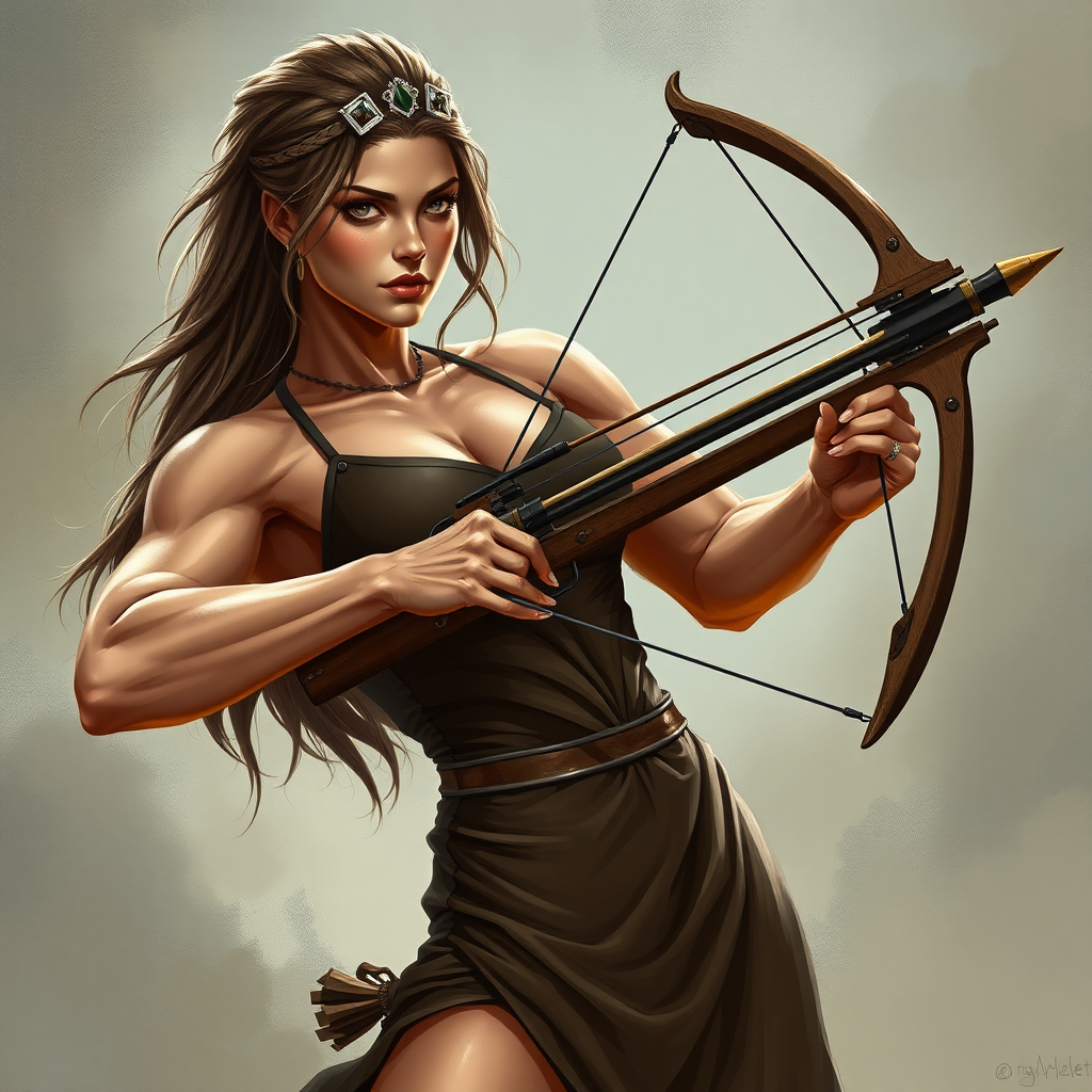 strong massive huge muscular bodybuilder girl, sleeveless dress, crossbow