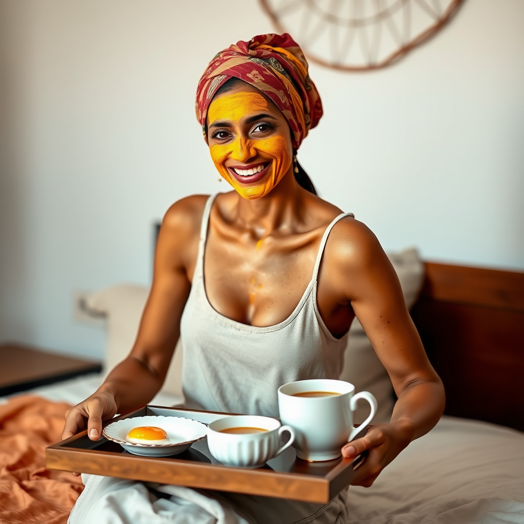 slim, 30 year old, sexy, indian wife, scarf head, turmeric face mask. She is smiling and serving breakfast on a tray on bedside table